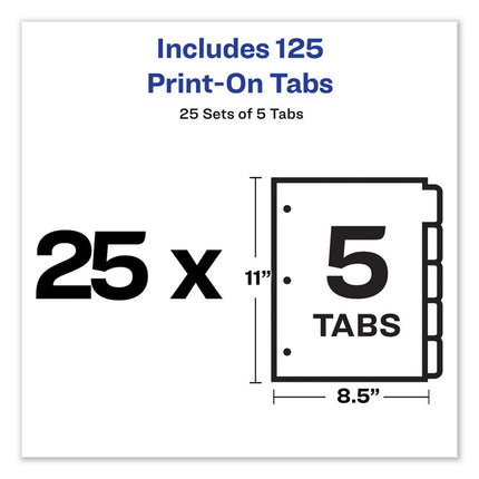 Customizable Print-On Dividers, 3-Hole Punched, 5-Tab, 11 x 8.5, White, 25 Sets
