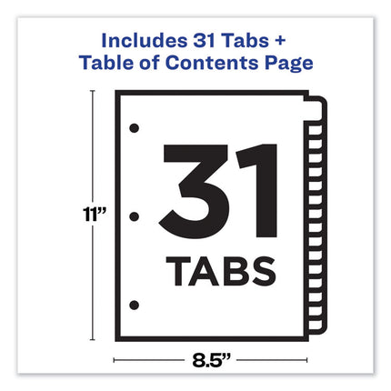 Customizable TOC Ready Index Multicolor Tab Dividers, 31-Tab, 1 to 31, 11 x 8.5, White, Traditional Color Tabs, 1 Set