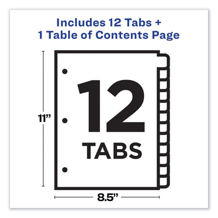 Customizable TOC Ready Index Multicolor Tab Dividers, 12-Tab, 1 to 12, 11 x 8.5, White, Traditional Color Tabs, 1 Set