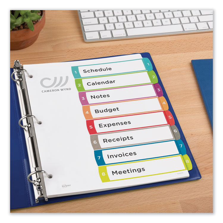 Customizable TOC Ready Index Multicolor Tab Dividers, 8-Tab, 1 to 8, 11 x 8.5, White, Contemporary Color Tabs, 1 Set