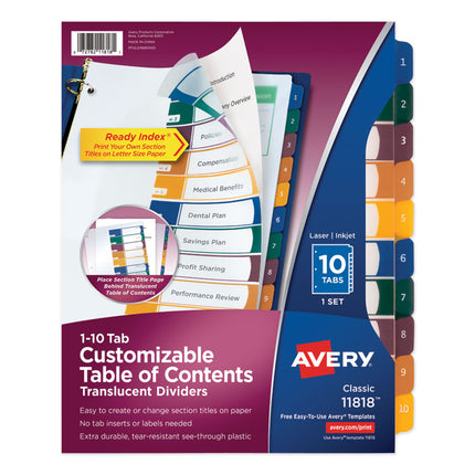 Customizable Table Of Contents Ready Index Dividers With Multicolor Tabs, 10-Tab, 1 To 10, 11 X 8.5, Translucent, 1 Set