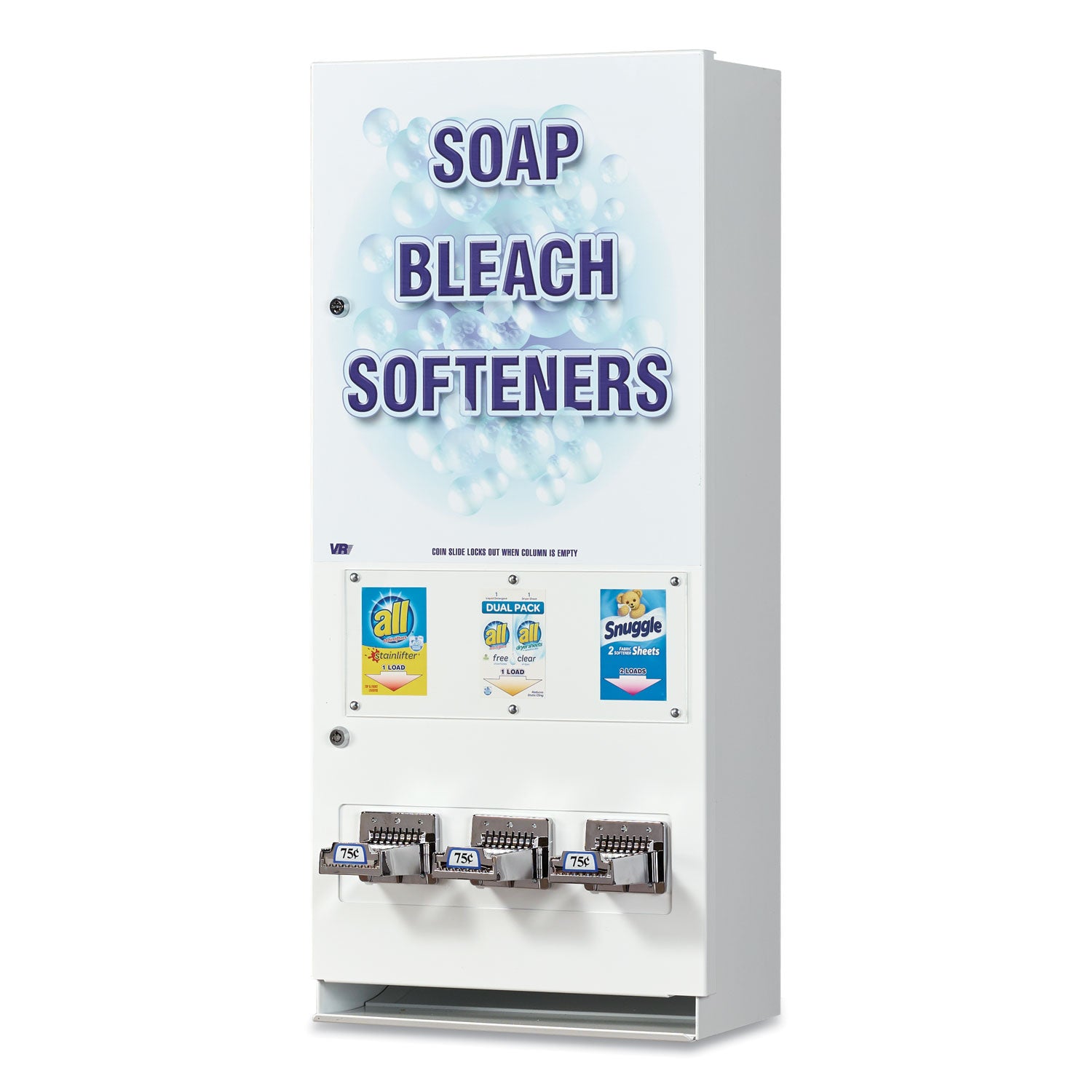 Coin-Operated Soap Vender, 3-Column, 16.25 X 9.5 X 37.75, White/blue
