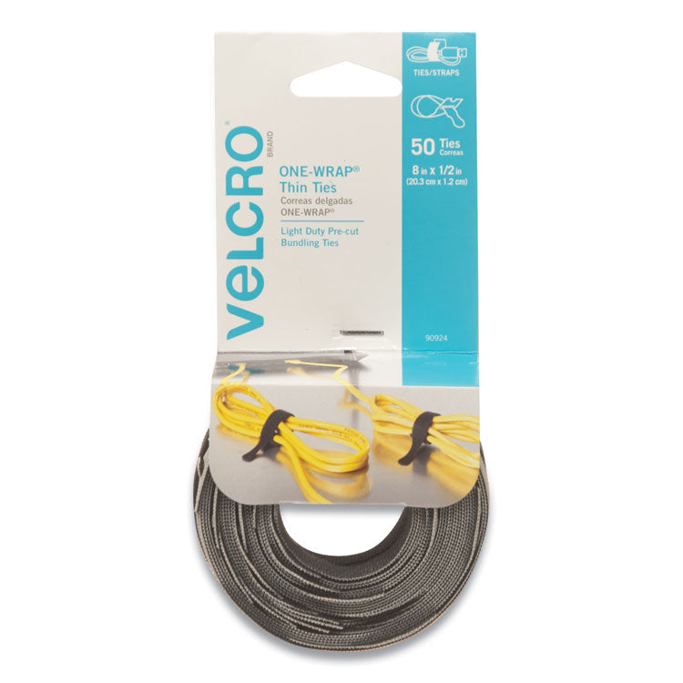 One-Wrap Pre-Cut Thin Ties, 0.5" X 8", Black/gray, 50/pack