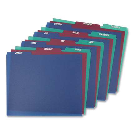 Poly Top Tab File Guides, 1/3-Cut Top Tab, January To December, 8.5 X 11, Assorted Colors, 12/set
