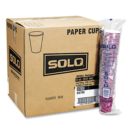 Paper Hot Drink Cups in Bistro Design, 3.35" Diameter x 3.82" h, 10 oz, Maroon, 1,000/Carton