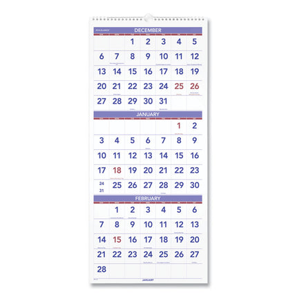 Deluxe Three-Month Reference Wall Calendar, Vertical Orientation, 12 x 27, White Sheets, 14-Month: Dec 2024 to Jan 2026
