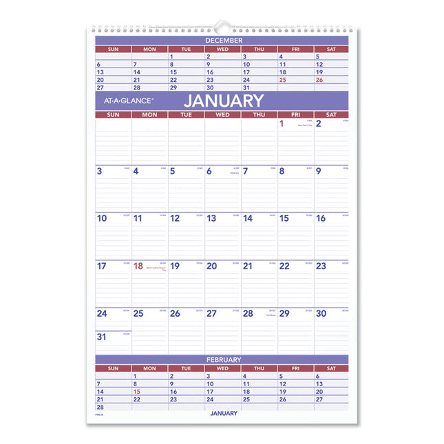 Three-Month Wall Calendar, 15.5 x 22.75, White Sheets, 12-Month (Jan to Dec): 2025