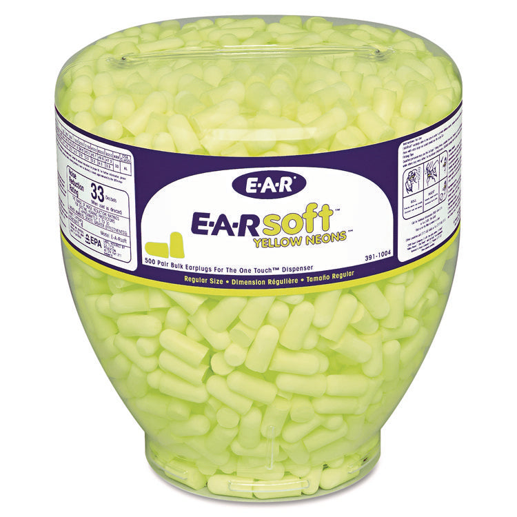 E-A-Rsoft Neon Tapered Earplug Refill, Cordless, Yellow, 500/Box