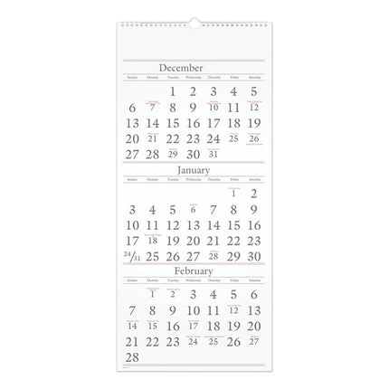 Three-Month Reference Wall Calendar, 12 x 27, White Sheets, 15-Month: Dec 2024 to Feb 2026