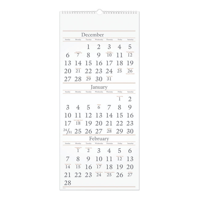 Three-Month Reference Wall Calendar, 12 x 27, White Sheets, 15-Month: Dec 2024 to Feb 2026