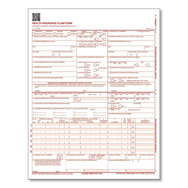 CMS Health Insurance Claim Form, Two-Part Carbonless, 8.5 x 11, 100 Forms Total
