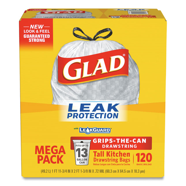Tall Kitchen Drawstring Trash Bags with LeakGuard, 13 gal, Unscented, 23.47" x 25.38", White, 120/Box