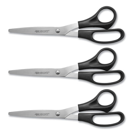All Purpose Stainless Steel Scissors, 8" Long, 3.5" Cut Length, Offset Black Handle, 3/Pack