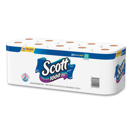 Standard Roll Bathroom Tissue, Septic Safe, 1-Ply, White, 1,000 Sheets/Roll, 20/Pack, 2 Packs/Carton