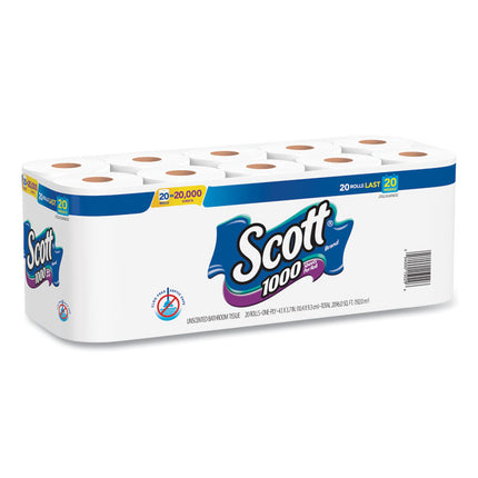 Standard Roll Bathroom Tissue, Septic Safe, 1-Ply, White, 1,000 Sheets/Roll, 20/Pack, 2 Packs/Carton