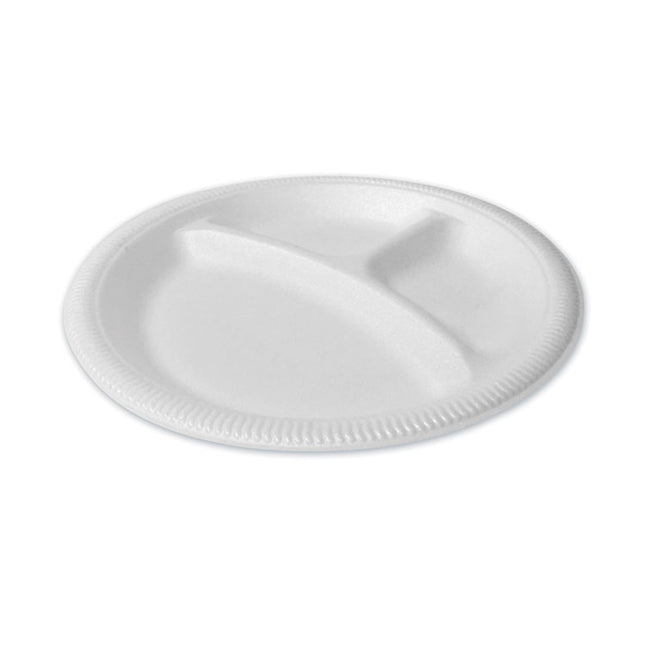 Foam Dinnerware, 3-Compartment Plate, 9" dia, White, 125/Sleeve, 4 Sleeves/Pack