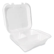 Foam Hinged Lid Container, Secure Two Tab Latch, Poly Bag, 3 Compartments, 9 x 9 x 3, White, 100/Bag, 2 Bags/Carton