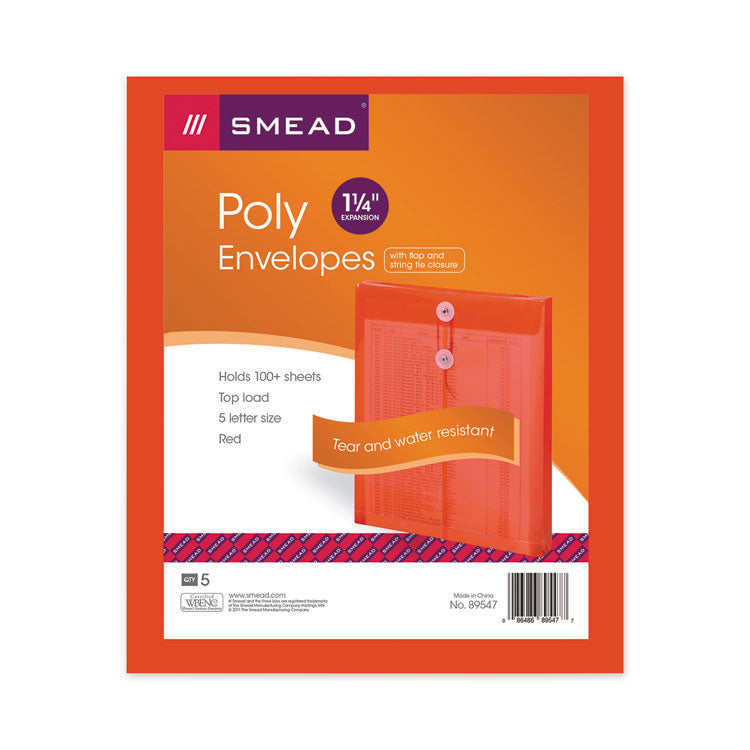 Poly String and Button Interoffice Envelopes, Open-End (Vertical), 9.75 x 11.63, Transparent Red, 5/Pack