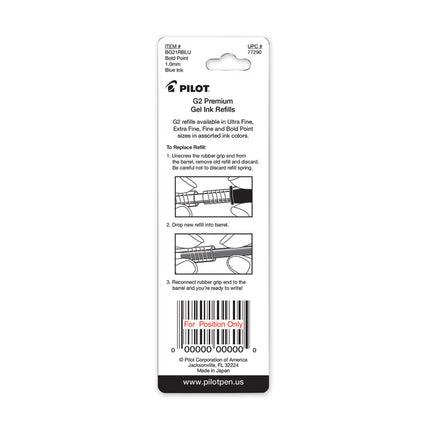 Refill For Pilot G2 Gel Ink Pens, Bold Conical Tip, Blue Ink, 2/pack