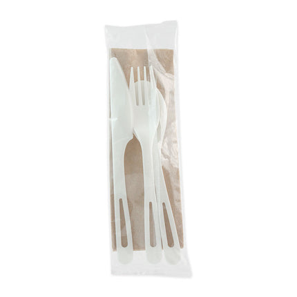 TPLA Compostable Cutlery Kit, Fork/Knife/Napkin/Spoon, Plastic, White, 250/Carton