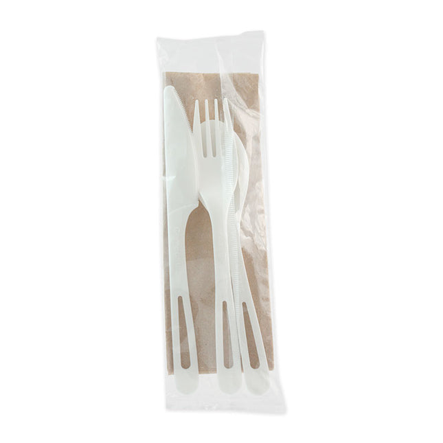 TPLA Compostable Cutlery Kit, Fork/Knife/Napkin/Spoon, Plastic, White, 250/Carton