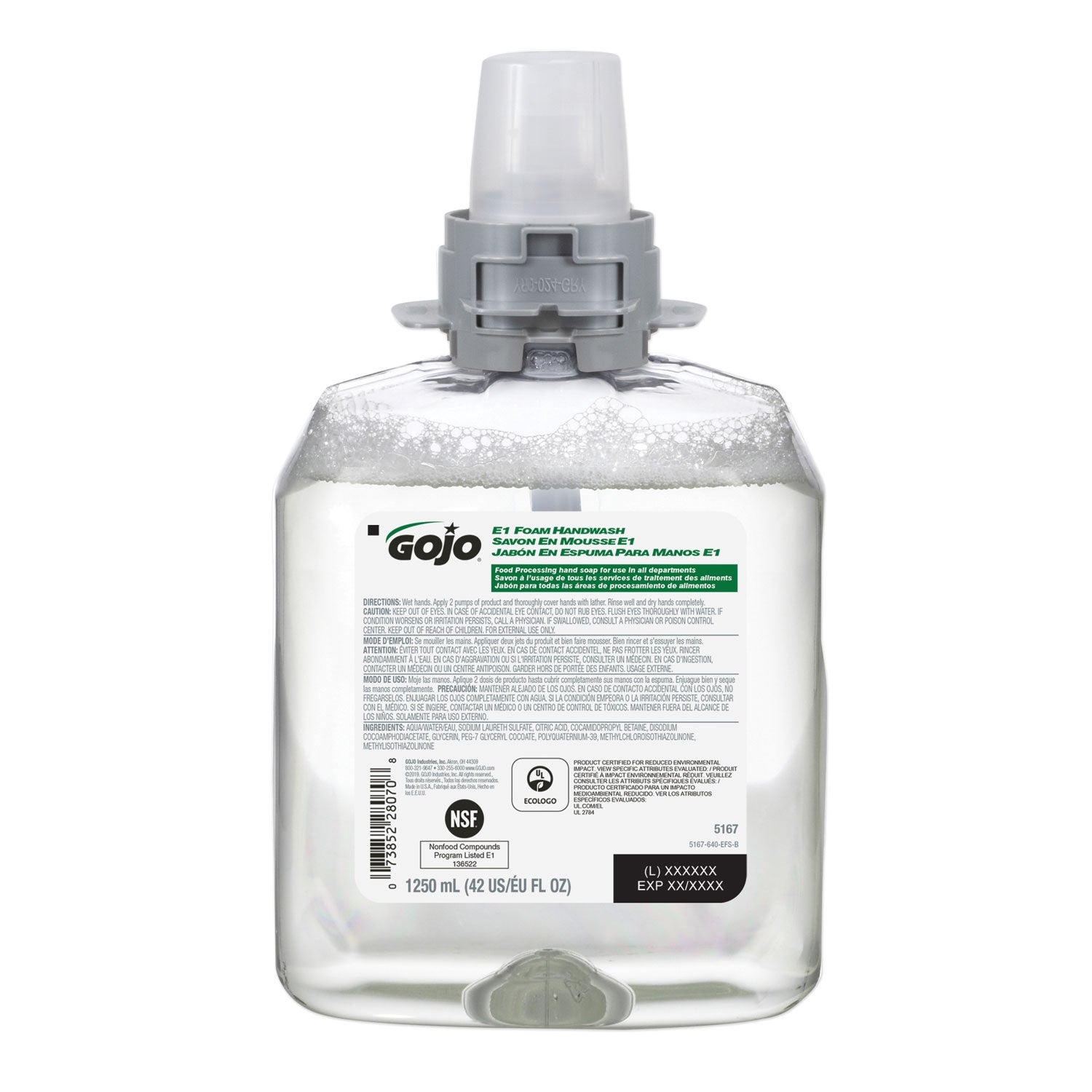 E1 Foam Handwash Refill, Fragrance-Free, 1,250 mL, 4/Carton