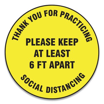 Slip-Gard Floor Signs, 17" Circle,"thank You For Practicing Social Distancing Please Keep At Least 6 Ft Apart", Yellow, 25/pk