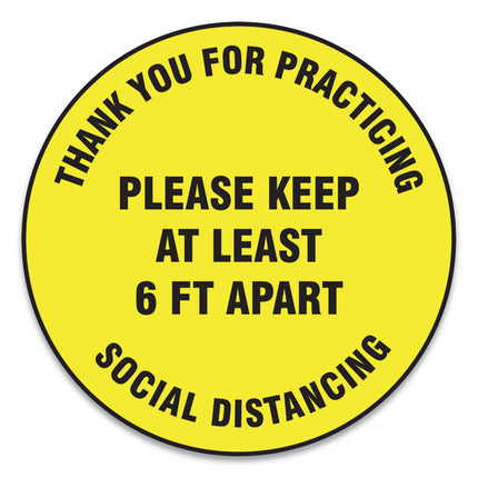 Slip-Gard Floor Signs, 12" Circle,"thank You For Practicing Social Distancing Please Keep At Least 6 Ft Apart", Yellow, 25/pk