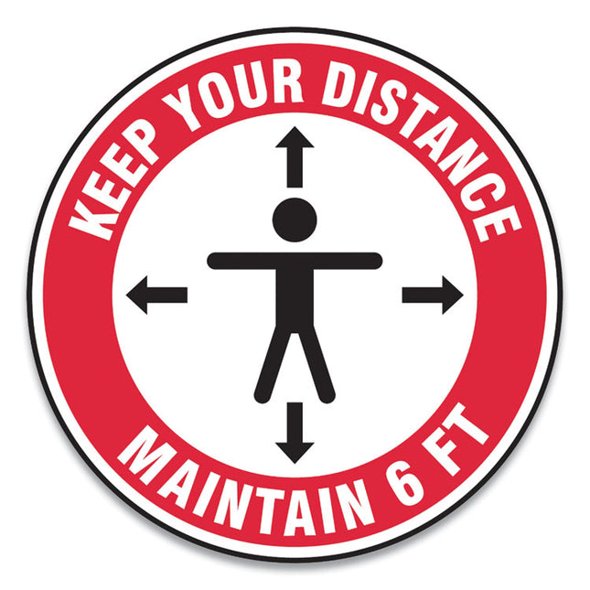 Slip-Gard Social Distance Floor Signs, 17" Circle, "keep Your Distance Maintain 6 Ft", Human/arrows, Red/white, 25/pack