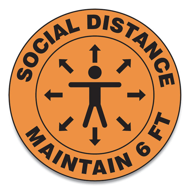 Slip-Gard Social Distance Floor Signs, 17" Circle, "social Distance Maintain 6 Ft", Human/arrows, Orange, 25/pack