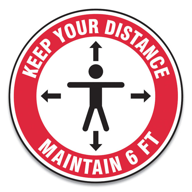 Slip-Gard Social Distance Floor Signs, 12" Circle, "keep Your Distance Maintain 6 Ft", Human/arrows, Red/white, 25/pack