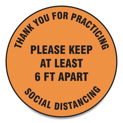 Slip-Gard Floor Signs, 12" Circle,"thank You For Practicing Social Distancing Please Keep At Least 6 Ft Apart", Orange, 25/pk