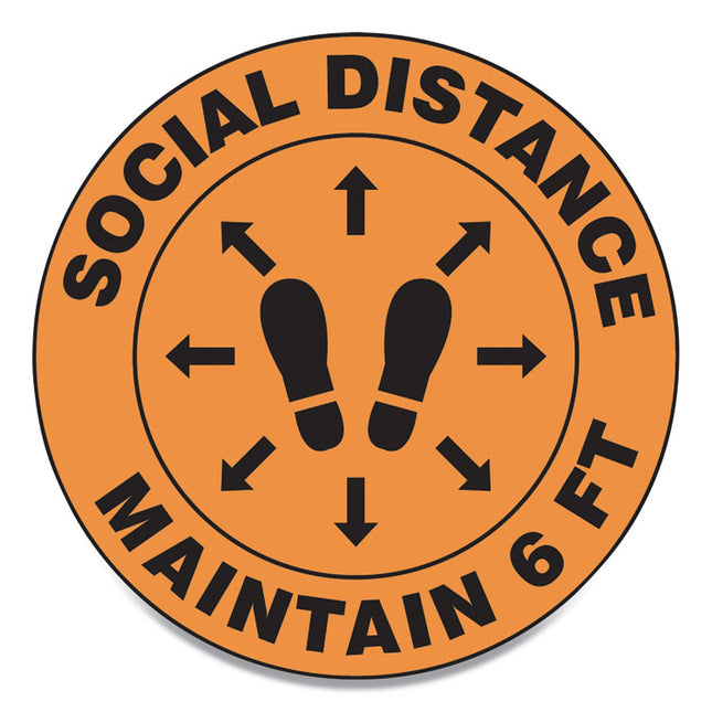 Slip-Gard Social Distance Floor Signs, 17" Circle, "social Distance Maintain 6 Ft", Footprint, Orange, 25/pack