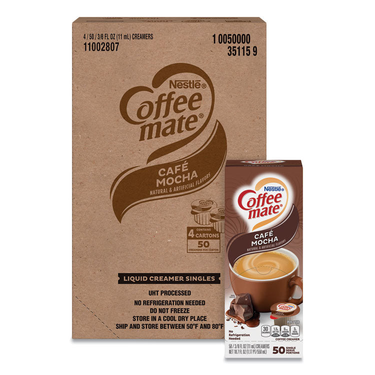 Liquid Coffee Creamer, Cafe Mocha, 0.38 oz Mini Cups, 50/Box, 4 Boxes/Carton