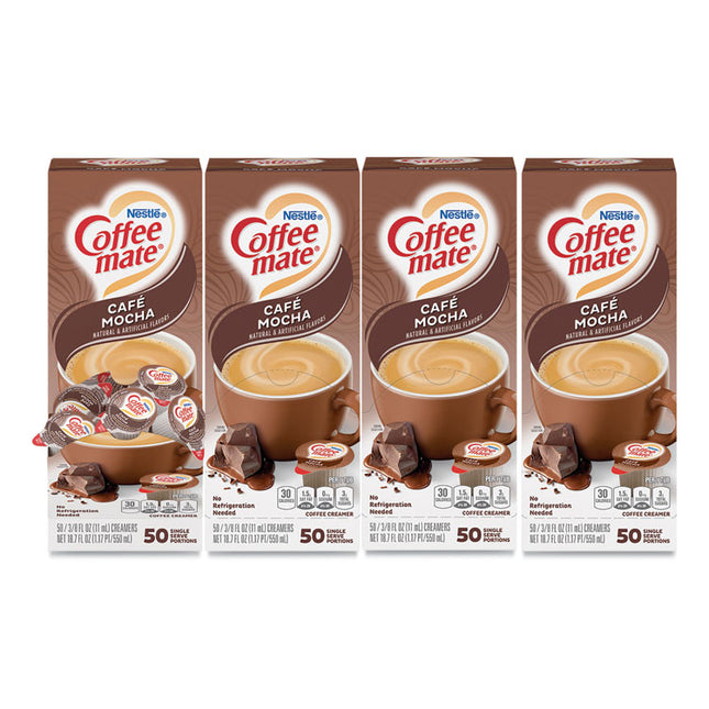 Liquid Coffee Creamer, Cafe Mocha, 0.38 oz Mini Cups, 50/Box, 4 Boxes/Carton