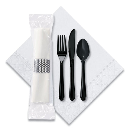 CaterWrap Cater to Go Express Cutlery Kit, Heavyweight, Fork/Knife/Napkin/Spoon, Plastic, Black, 100/Carton