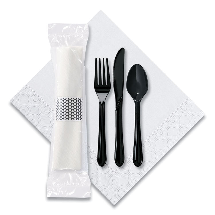 CaterWrap Cater to Go Express Cutlery Kit, Heavyweight, Fork/Knife/Napkin/Spoon, Plastic, Black, 100/Carton