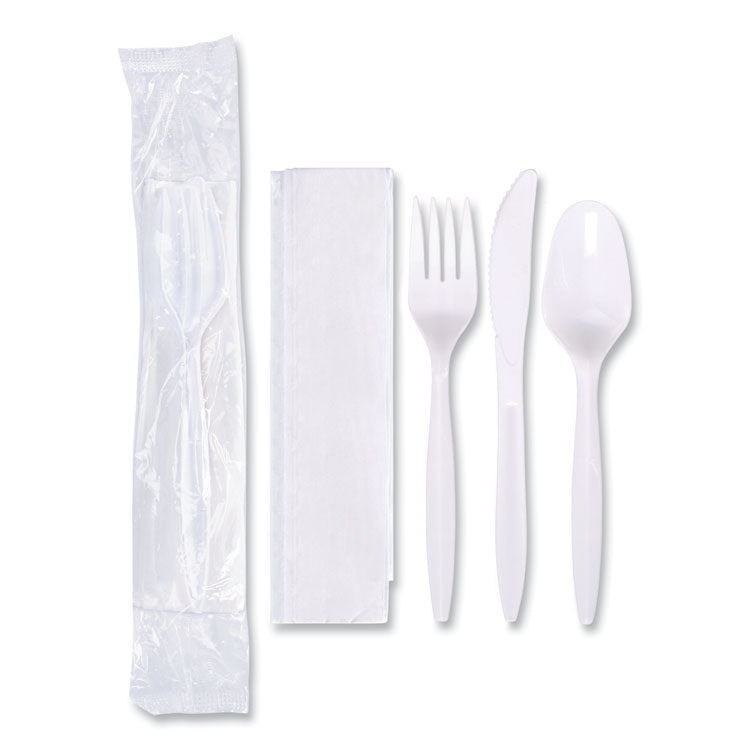 Economy Cutlery Kit, Fork/Knife/Napkin/Spoon, Plastic, White, 250/Carton