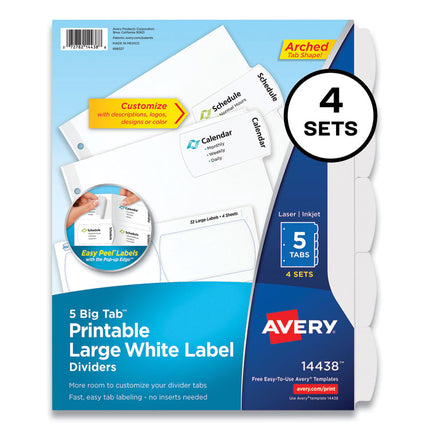 Big Tab Printable Large White Label Tab Dividers, 5-Tab, 11 X 8.5, White, 4 Sets