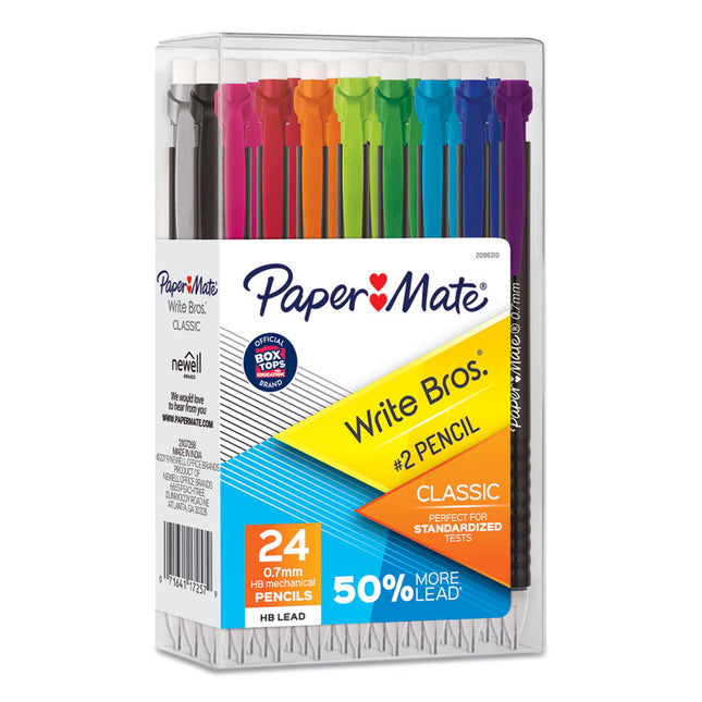 WRITE BROS MECHANICAL PENCIL, 0.7 MM, HB (#2), BLACK LEAD, BLACK BARREL WITH ASSORTED CLIP COLORS, 24/BOX