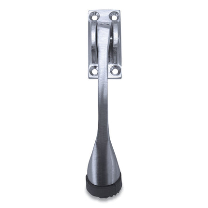 Hinged Kick-Down Door Stop With Rectangular Four-Point Mounting Plate, 0.75" Wide Door Mount, 4.25 Long Stopper, Satin Chrome