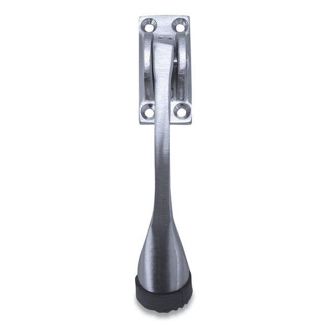 Hinged Kick-Down Door Stop With Rectangular Four-Point Mounting Plate, 0.75" Wide Door Mount, 4.25 Long Stopper, Satin Chrome