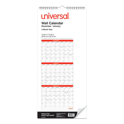 Three-Month Wall Calendar, 12 x 27, White/Red Sheets, 14-Month: Dec 2024 to Jan 2026