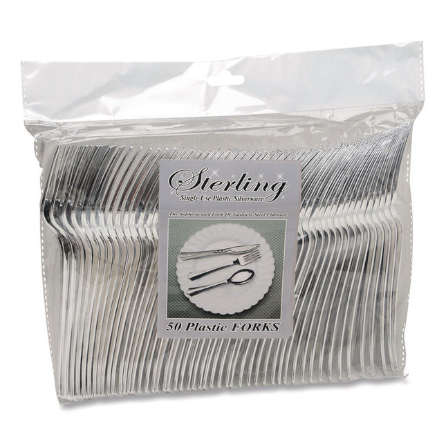 Sterling Heavyweight Plastic Cutlery, Fork, Silver, 50/Pack