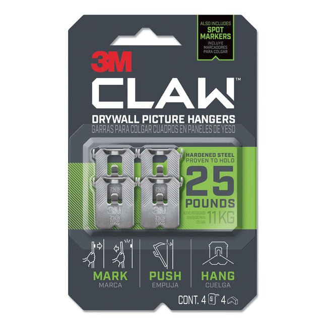 Claw Drywall Picture Hanger, Stainless Steel, 25 lb Capacity, 4 Hooks and 4 Spot Markers,