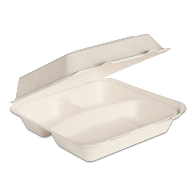 Bare Eco-Forward Bagasse Hinged Lid Containers, ProPlanet Seal, 3 Compartments, 9.6 x 9.4 x 3.2, Ivory, Sugarcane, 200/Carton