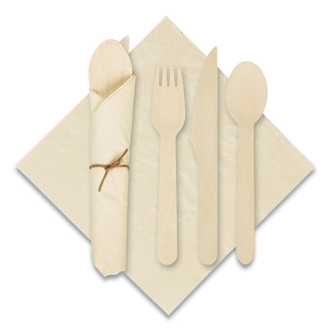 Pre-Rolled Caterwrap Kraft Napkins with Wood Cutlery, Fork/Knife/Napkin/Spoon, Plastic, Brown, 100/Carton
