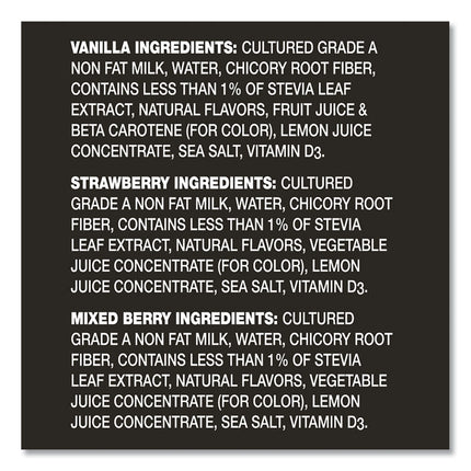 Triple Zero Blended Greek Nonfat Yogurt, 5.3 oz, Strawberry/Mixed Berry/Vanilla, 18/Carton