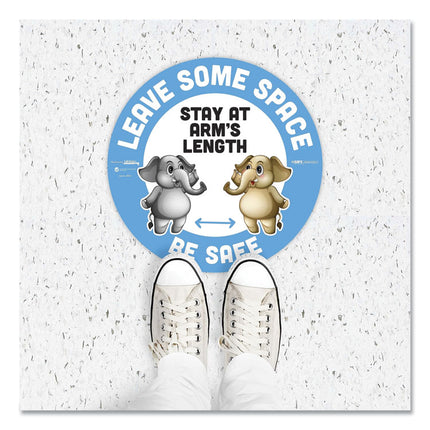 Besafe Messaging Education Floor Signs, Leave Some Space; Stay At Arms Length; Be Safe, 12" Dia, White/blue, 6/pack