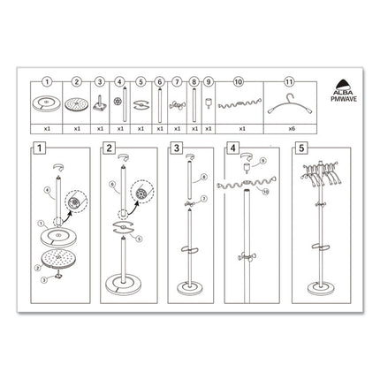 Wavy Coat Tree, Six Hangers/Two Knobs/Four Hooks, 18.88w x 14d x 68.5h, Silver/Wood